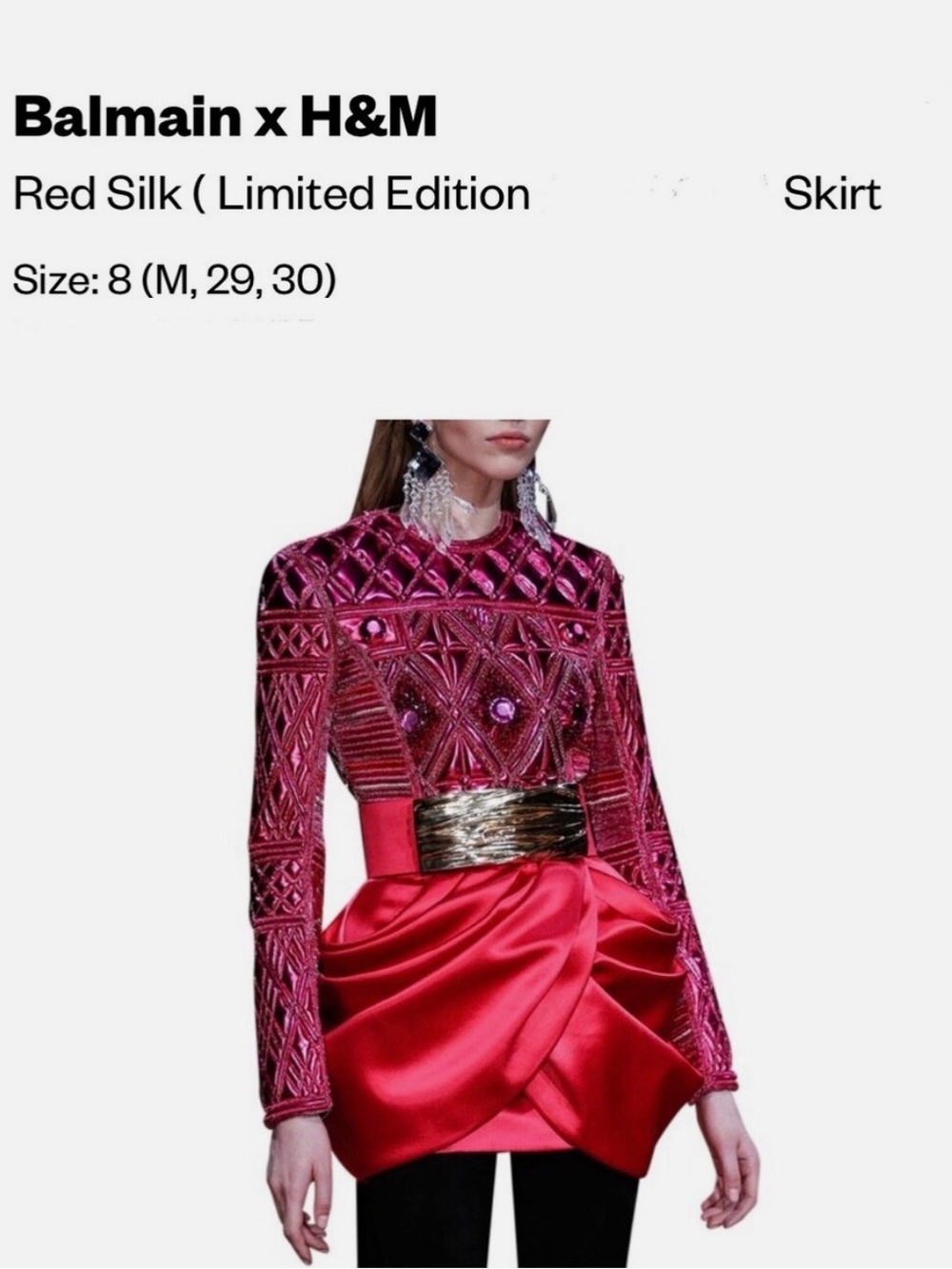 Balmain x H&M Limited Edition Red Silk Skirt NWT Size 8